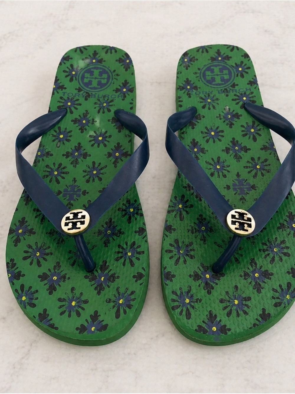 Tory Burch Green Floral Print Flip Flops with Gold Medallion